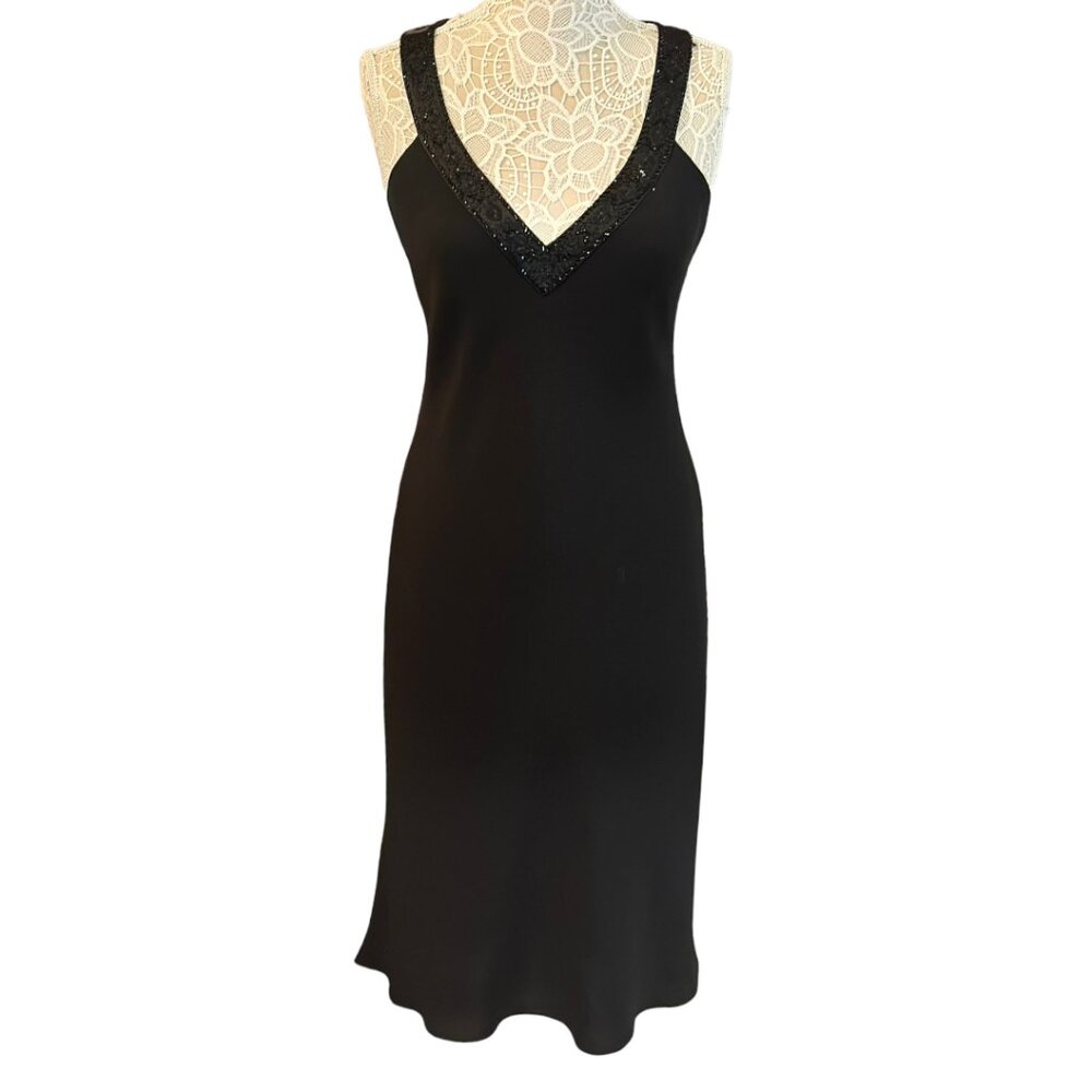 NWOT Jones New York Black Midi Dress Silk Cross-Back Straps Beaded V-Neck Sz.12